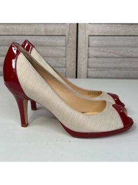 COLE HAAN/NIKE AIR Patent Leather/Linen Peep Toe Pumps-8